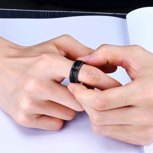 Ring Spinner Men's Black SZ 11 Stainless Chain Rotates Anxiety Edgy Rock Emo Fun - Picture 4 of 4